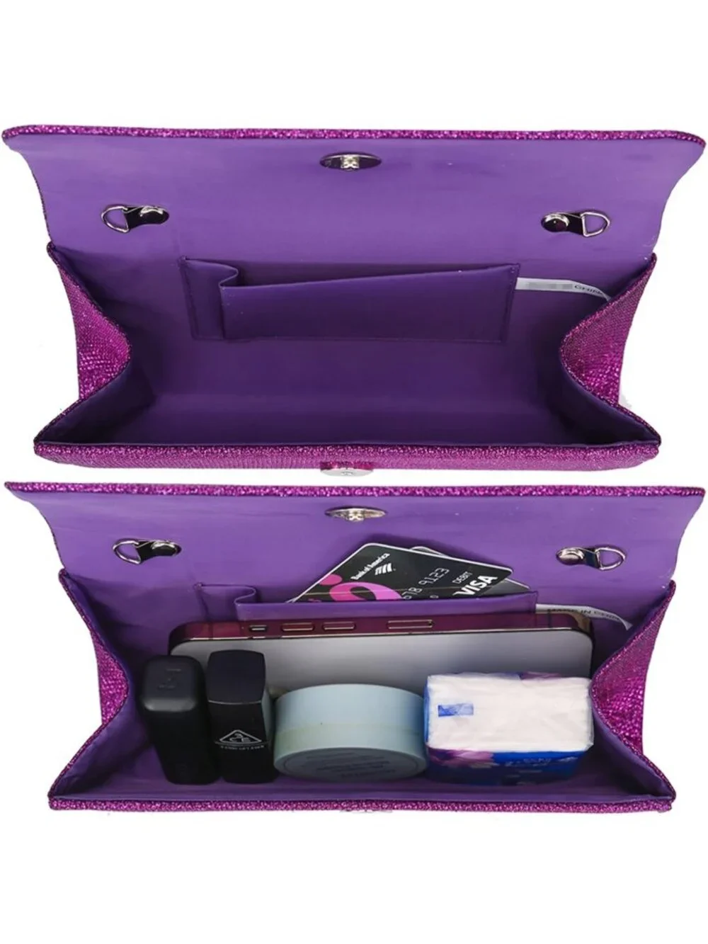Women's Purple Glitter Clutch Purse Evening Bag With Chain For Wedding Handbag